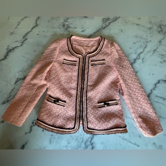 Chic Pink Tweed Collarless Jacket - Picture 2 of 4